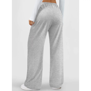 <b>Women's</b> Gray Knitted Wide Leg Cargo Pants High Waist Drawstring Regular Fit Full Length Solid Sporty Breathable Pockets Summer - Product Image 2
