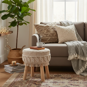 Beige Cotton Handmade Round Macrame Covered <b>Ottoman</b> <b>Stool</b> with Wooden Legs Boho Footrest Pouf for Living Room Hotel Cafe Decor - Product Image 6