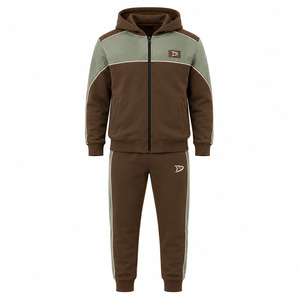 Men Brown Green Color Blocking Hooded <b>Tracksuit</b> Set Full Sleeve Drawstring Side Pockets Casual Eco-Friendly Heavyweight 2 1 - Product Image 1