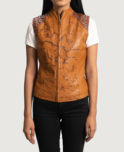 Gilet moto en cuir véritable pour femme avec détails rivetés aux épaules, col montant, fermeture éclair, couleur unie, style motard - Product Image 2
