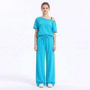 Wholesale Off Shoulder Two <b>Piece</b> Set Short Sleeve Wide Leg Pants <b>Outfit</b> Casual Lounge <b>Outfit</b> For <b>Women</b> - Product Image 5