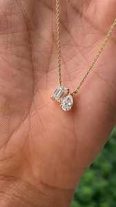 Women's 1+1CT Two Stone Diamond Necklace <b>Emerald</b> Pear Cut Lab Grown Diamond <b>Pendant</b> IGI Certified 14K Yellow Gold Classic - Product Image 2