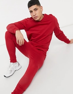 Survêtement pour homme, couleur rouge unie, col rond, manches longues, jogging décontracté avec poches latérales, taille élastique, polyester mi-lourd - Product Image 2
