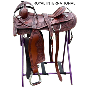 Silla de montar western de cuero floral hecha a mano con estribos, equipo ecuestre premium para vaqueros, ideal para ranchos, senderos y rodeos. - Product Image 1