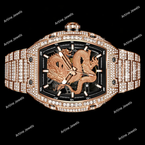 Rose Gold Dragon Skeleton Square <b>Watch</b> Crystal Bezel <b>Black</b> Dial Iced Luxury Fashion Timepiece Statement Gift For Men - Product Image 3