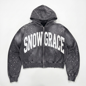 Sudadera con Capucha y Cremallera para Hombre Snow Grace, Corte Holgado, Estilo Informal de Invierno, Diseño con Letras Impresas en Negro - Product Image 1