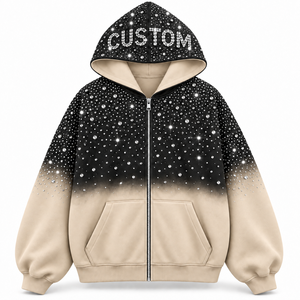เสื้อฮู้ดดี้โอเวอร์ไซส์ผ้าฝ้ายแท้ 100% ประดับเพชร ซิปหน้า สีดำไล่ระดับขาว ดีไซน์เพชร เสื้อแจ็คเก็ตผู้ชายสำหรับฤดูหนาว - Product Image 3