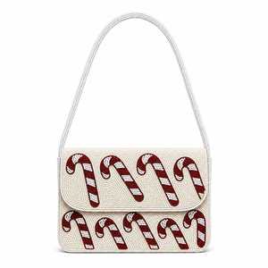 Sac en toile personnalisé brodé avec lettrage rouge et poignée rayée, sac fourre-tout promotionnel tendance avec perles de verre - Product Image 4