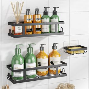 Étagères de salle de bain noires antirouille adhésives en 3 parties avec 12 crochets, porte-savon, organisateur de rangement, pas de perçage requis - Product Image 1