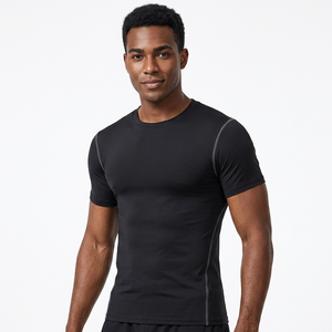 Camiseta Deportiva de Manga Corta para Hombre, Negra, de Secado Rápido, Corte Ajustado, Cuello Redondo, Tejido de Poliéster, Color Sólido - Product Image 6