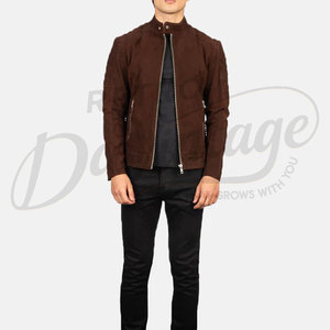 Veste en cuir suédé marron chocolat de qualité supérieure pour homme, coupe ajustée, matelassée losanges, style motard, col montant élégant, manteau d'hiver - Product Image 2