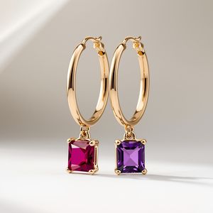 Pendientes de Aro de Oro Sólido de 14K con Piedras Preciosas en Dos Tonos, Corte Cuadrado, Rojo y Morado, Joyería Fina para Mujer - Product Image 2