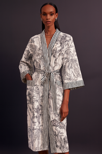 Bata Kimono de Algodón con Estampado de Bloques, Vestido de Dama de Honor, Elegante Ropa de Estar por Casa, para Mujer, Playa, Verano, Primavera, Cuello en V, Largo Completo, Manga Larga - Product Image 6