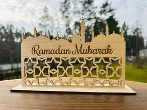 Wooden Ramadan Mubarak <b>Decor</b> With Mosque Silhouette And <b>Star</b> Pattern Tabletop Home <b>Decor</b> For Islamic Festival Traditional Design - Product Image 1