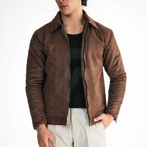 Men's Brown <b>Suede</b> Leather <b>Jacket</b> With Zipper Closure Turn-down Collar Casual Autumn Wear Slim Fit Regular Length - Product Image 1