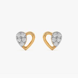 Boucles d'oreilles clous de luxe en or jaune 14K, serties de diamants de laboratoire taille brillant rond, motif demi-cœur en grappe - Product Image 1