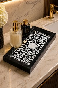 Plateau de vanité en os blanc incrusté avec motif floral – Organisateur décoratif élégant pour chambre et salle de bain – Plateau floral noir - Product Image 2