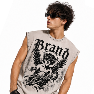Glory Custom Men's Punk Style Sleeveless Tank Top With Winged Angel Print And Rivet Details Crew <b>Neck</b> 100% Cotton Tank Top - Product Image 4
