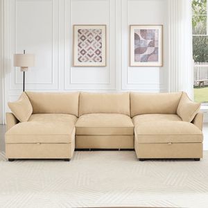Divano a U a 3 Posti Profondo con 2 Pouf Mobili e Braccioli a Mezzaluna per Soggiorno - Product Image 2