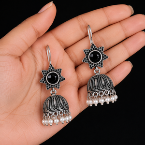 Bulk Price Black Blue Stone Jhumki <b>Earrings</b> Oxidized <b>Silver</b> Indian <b>Dangle</b> <b>Earring</b> Boho Ethnic Jewelry Pearl Jhumka Gift 4 Women - Product Image 5