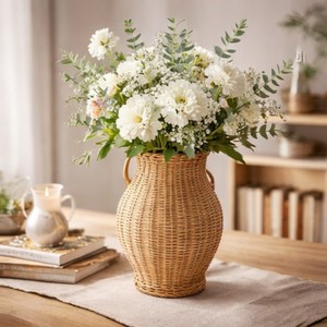 Rustic Bohemian Rattan Jar Urn Vase Handles Woven Vintage <b>Floor</b>/Tabletop Flowers Wedding Anniversary Home Decorative <b>Accessory</b> - Product Image 2