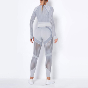 Geometric <b>Mesh</b> Yoga Set High Waist Full Length Leggings With Long Sleeve <b>Crop</b> <b>Top</b> Crew Neck Seamless Four-Way Stretch - Product Image 6