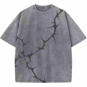 Camiseta Oversize de Algodón Gris con Estampado de Espinas, Manga Corta, Cuello Redondo, Estilo Urbano, Top Casual para Hombre - Product Image 1