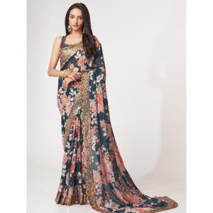 ชุดส่าหรีงานปาร์ตี้ผ้าออร์แกนซ่าพิมพ์ลายดอกไม้สีฟ้าโดฟ แบรนด์ Beautiful Zeel พร้อมเสื้อคลุม  แบบยังไม่เย็บติดกัน - Product Image 2