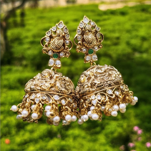 Mahalakshmi Antique Gold Plated Brass Drop Earrings with Diamond Pearl and Moissanite - Product Image 3