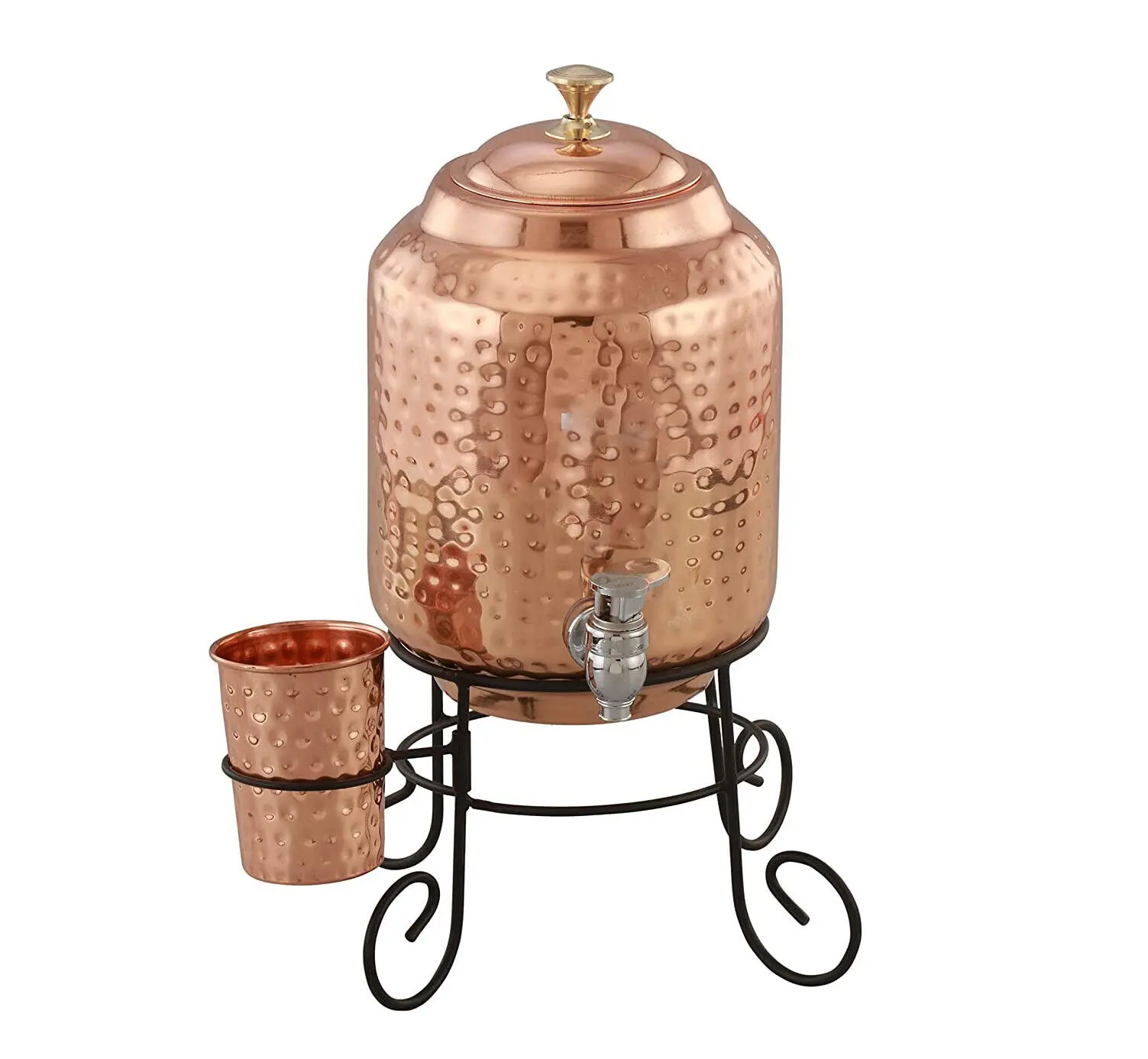Beautiful Design Printed Copper Water Dispenser (Matka/Pot) Container Pot with 1 Copper Glass and Stand ,Pure Copper and Ayurved