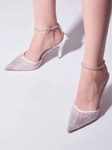 Mesh Beaded Stiletto Heels | Elegant Pointed Toe Evening <b>Pumps</b> with Ankle Chain | Designer <b>Black</b> Mesh Party Heels (3.5 Inches) - Product Image 6