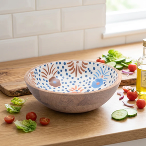 Bol de service en bois artisanal avec impression émaillée décorative, bol rustique pour salade, fruits et collations, pour la cuisine et la salle à manger - Product Image 1
