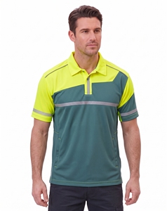 custom mens diagonal split safety polo shirts <b>neon</b> yellow charcoal grey reflective stripe hi vis workwear short sleeve work <b>top</b> - Product Image 6