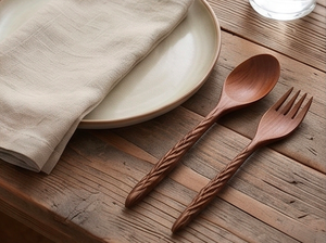 Wooden Flatware <b>Set</b> With Carved Handles Matte Finish <b>Reusable</b> Minimalist Design <b>Cutlery</b> For Camping Use And Hotel Use - Product Image 4