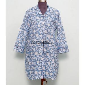 เสื้อเชิ้ตทรงตรงแขนกระดิ่งผ้าพิมพ์ลายบล็อกดีไซน์เนอร์ทำมือสวยงาม ระบายอากาศได้ดี ติดกระดุม สวมใส่สบาย สไตล์โบฮีเมียน ความยาวปานกลาง - Product Image 1