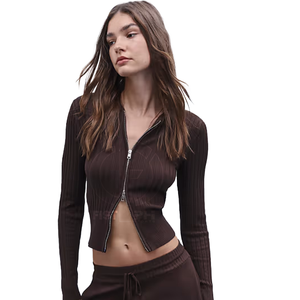 Women's Knitted Hooded Crop <b>Top</b> Long Sleeve <b>Zipper</b> Front Casual Cardigan Solid Color All Seasons Wear - Product Image 3