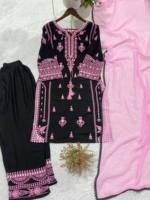 Set Kurta Wanita Bordir Bolak-Balik Cepat Kering Anti Kusut Model Lurus dengan Dupatta Pink, Salwar Kameez Tradisional Panjang Mata Kaki Bahan Rayon