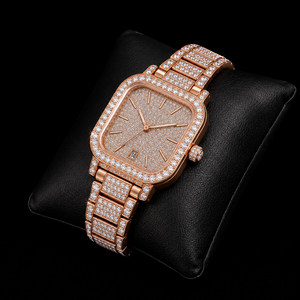 Montre-bracelet de luxe en acier inoxydable avec diamant moissanite carré or rose, collection de bijoux de mode hip-hop haut de gamme G - Product Image 3