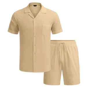 Men's Olive Green Short Sleeve Shirt And Shorts <b>Set</b> Solid Color <b>Knitted</b> Cotton Breathable Casual Summer Wear Turn-down Collar - Product Image 3