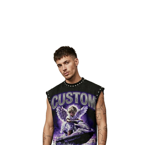Débardeur en coton épais personnalisé, délavé vintage, avec imprimé graphique Grim Reaper clouté, style streetwear, sans manches, vierge - Product Image 6
