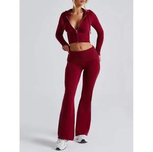 Custom Women's Flare Tracksuit Set Zip Up Crop <b>Hoodie</b> High Waist Flared Pants Fitness Activewear OEM Supplier - Product Image 1