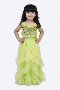Elaisha Woven Sleeveless Placement Embroidered Top With Net <b>lehenga</b>-Limegreen - Product Image 2