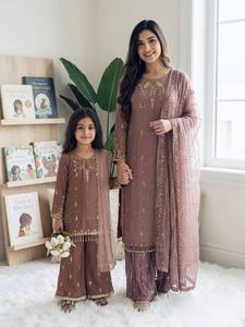 Girls Embroidered Sharara Suit Set Brown Stretch Kurta Palazzo Dupatta Ethnic Party Wear - Product Image 2