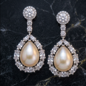 Boucles d'oreilles en perles blanches de luxe, 5 pouces de long, avec CZ, argent sterling 925, plaqué or 18 carats, faites à la main, bijoux pour femmes, prix de gros - Product Image 2