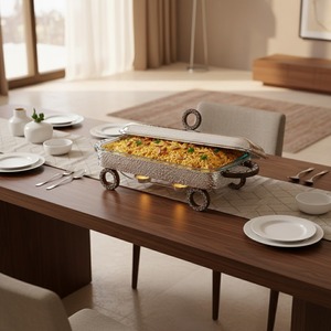 Recipiente para calentar comida de plata martillada con ruedas decorativas de madera y quemadores de velas, rectangular, para buffet, bodas y catering - Product Image 1