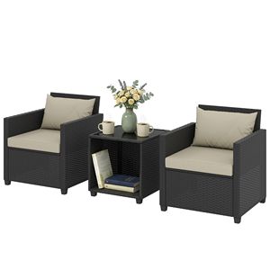 Set Bistrot da Esterno Beige a 3 Pezzi con Cuscini Spessi, Mobili in Vimini e Tavolino in Vetro per Giardino e Ospedali, Ordine Minimo 1 Set - Product Image 1