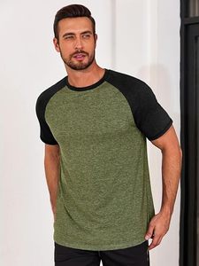 Men's Olive Green <b>Raglan</b> Sleeve T-Shirt Regular Fit Cotton Casual O-Neck Solid Color Jersey Breathable <b>Top</b> - Product Image 3