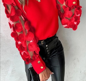 Blusas de Encaje Floral de Moda para Mujer al por Mayor, Blusas Elegantes de Manga Larga con Cuello Redondo para Mujer 2024 - Product Image 1