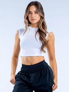 Haut court sans manches en coton et bambou écologique pour femme, bleu uni, col rond, tissé, broderie 3D, respirant et ajusté - Product Image 6