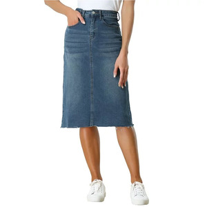 Jupe crayon en jean pour femme, longueur genou, couleur unie, style décontracté avec poches, taille normale, tissu tissé extensible en coton pour l'été - Product Image 1